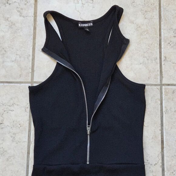Express Bodysuit Women XS Black Body Contour Sleeveless Ribbed Front Zip Classic - Picture 6 of 14
